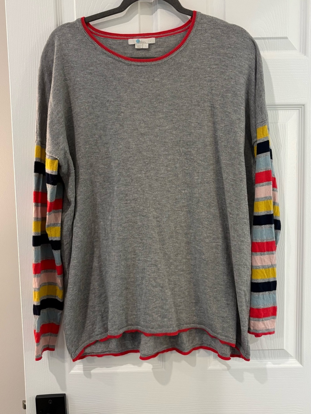 Boden Gray Crewneck Sweater with Multicolor Striped Sleeves and Red Trim
